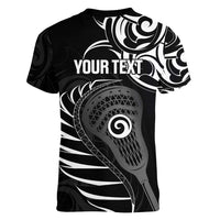 Personalised New Zealand Silver Fern Lacrosse Women V-Neck T-Shirt Aotearoa Maori Pattern LT14 - Polynesian Pride