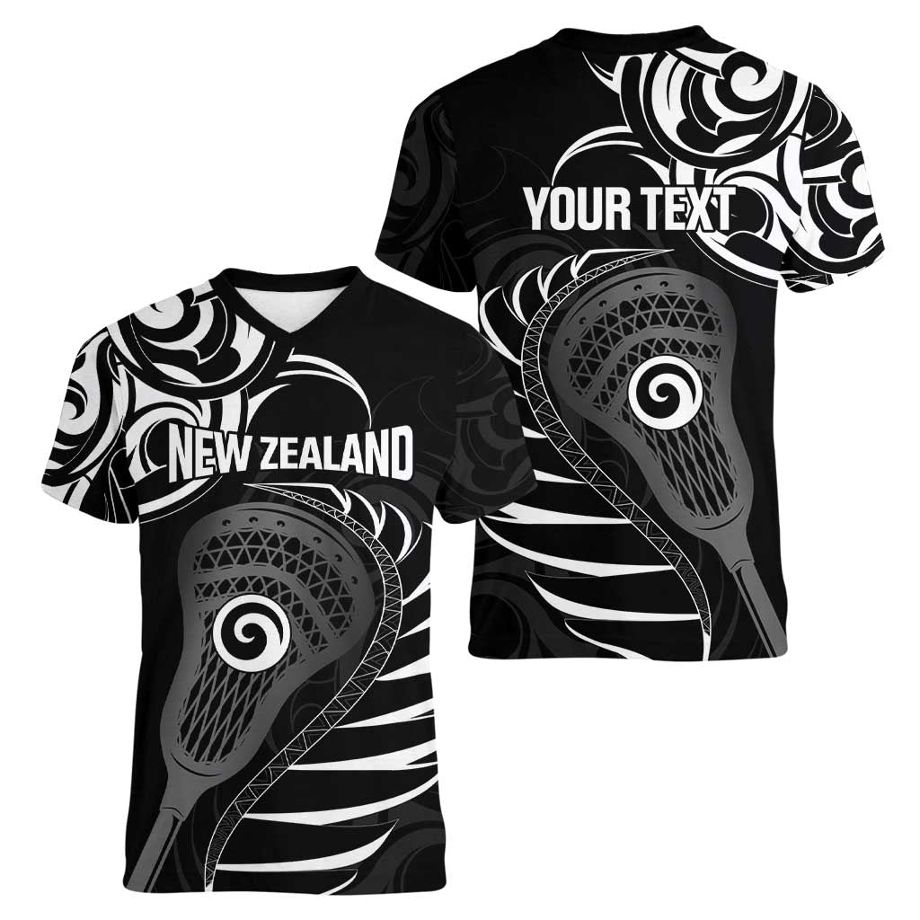Personalised New Zealand Silver Fern Lacrosse Women V-Neck T-Shirt Aotearoa Maori Pattern LT14 - Polynesian Pride