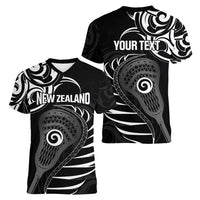 Personalised New Zealand Silver Fern Lacrosse Women V-Neck T-Shirt Aotearoa Maori Pattern LT14 - Polynesian Pride