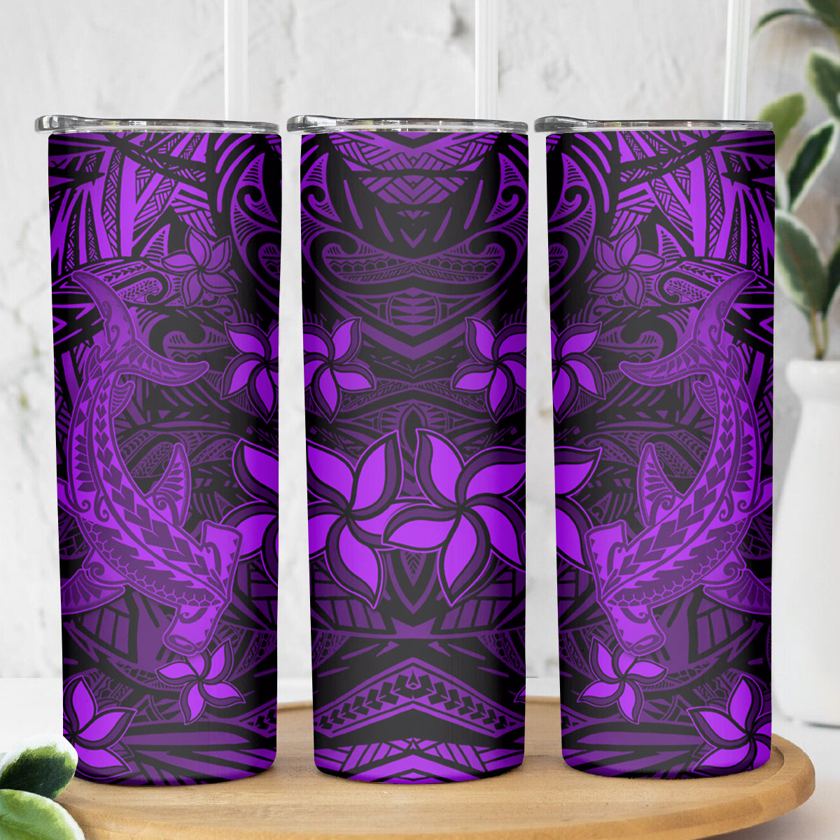 Polynesian Skinny Tumbler Purple Hawaiian Tribal Hammerhead Shark LT14 - Polynesian Pride