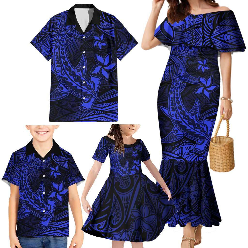Blue Polynesian Family Matching Outfits Mermaid Dress And Hawaiian Shirt Tribal Hammerhead Shark LT14 - Polynesian Pride