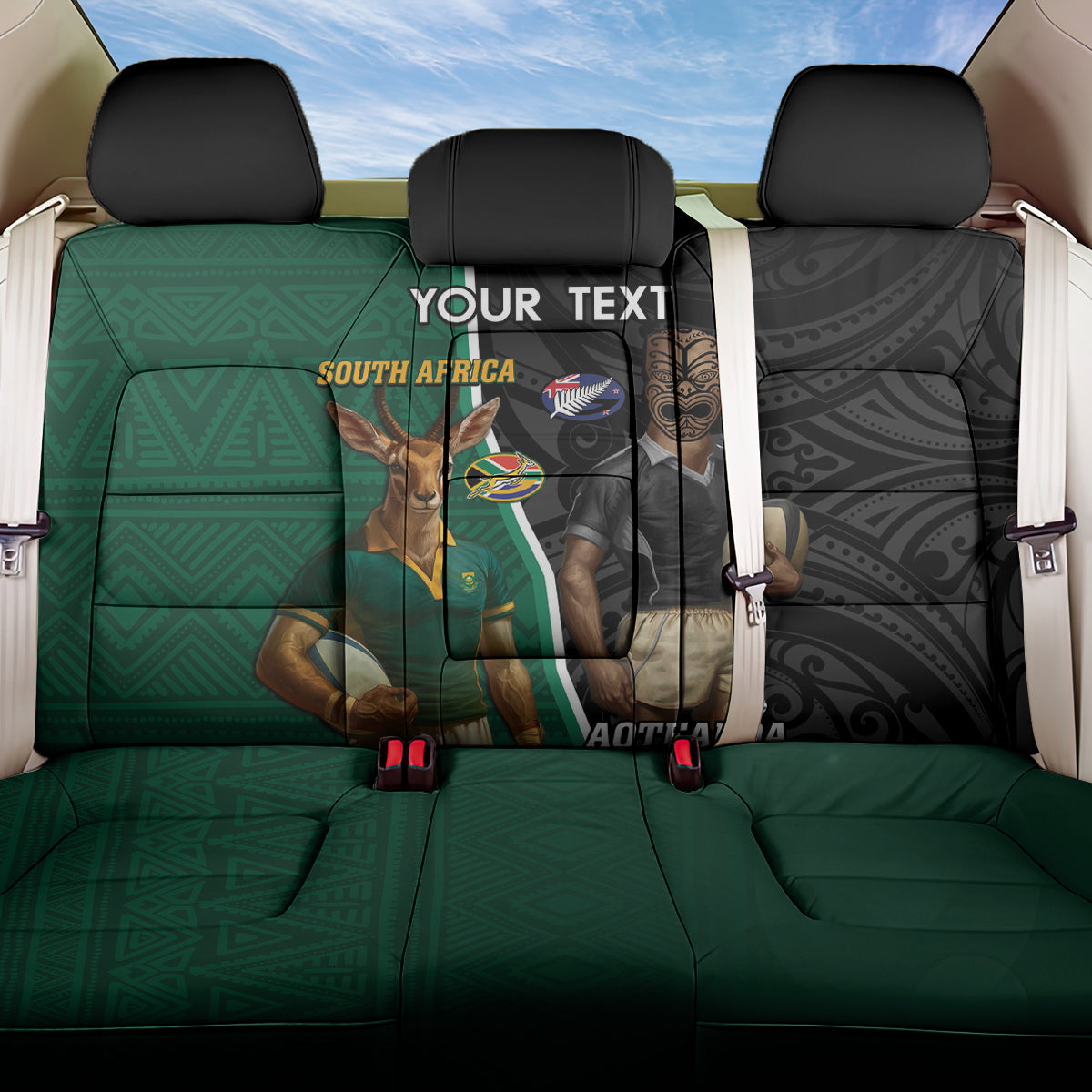 Personalised New Zealand And South Africa Rugby Back Car Seat Cover 2024 All Black Springboks Mascots Together LT14 One Size Green - Polynesian Pride