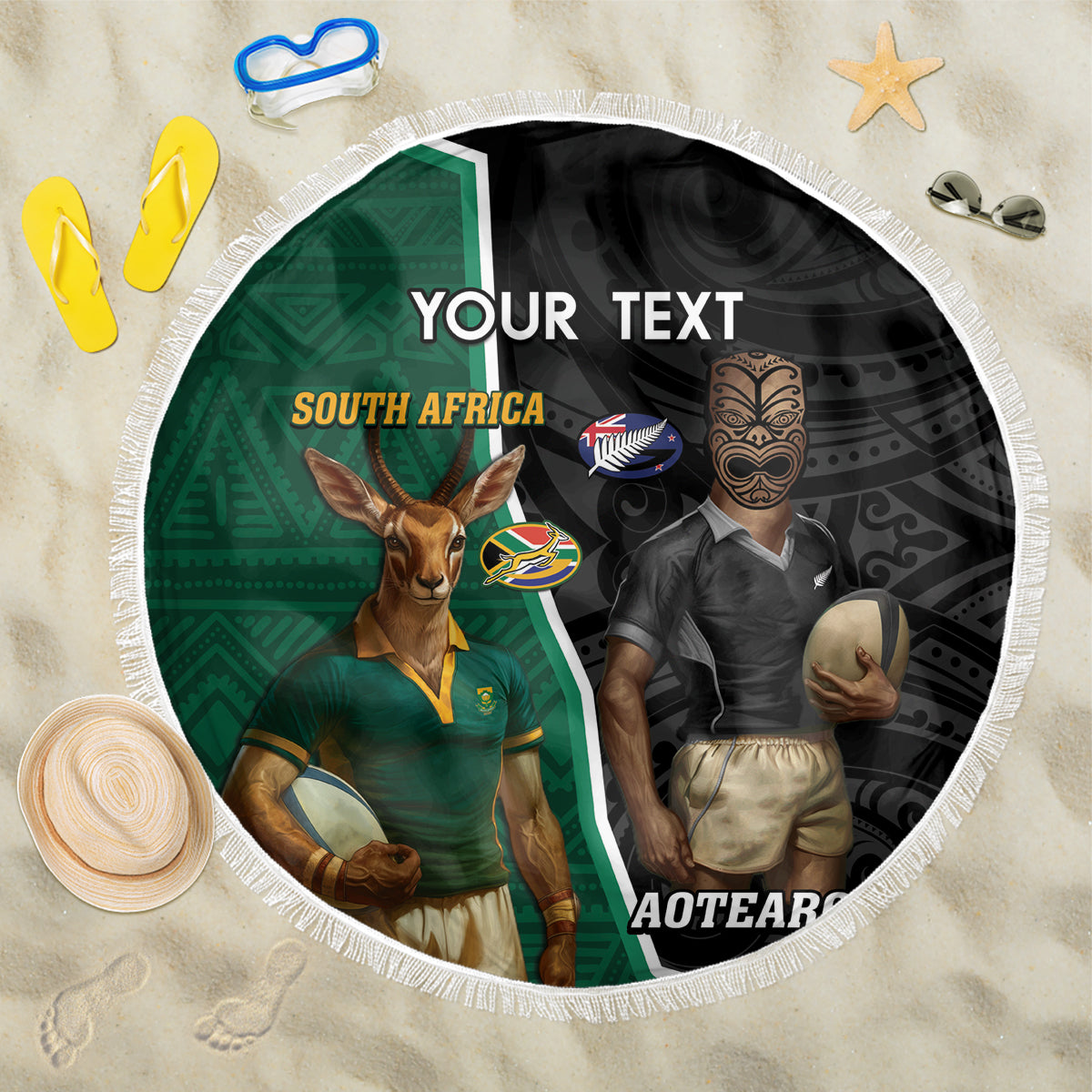 Personalised New Zealand And South Africa Rugby Beach Blanket 2024 All Black Springboks Mascots Together LT14 One Size 150cm Green - Polynesian Pride