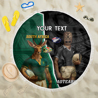 Personalised New Zealand And South Africa Rugby Beach Blanket 2024 All Black Springboks Mascots Together LT14 One Size 150cm Green - Polynesian Pride