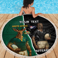 Personalised New Zealand And South Africa Rugby Beach Blanket 2024 All Black Springboks Mascots Together LT14 - Polynesian Pride