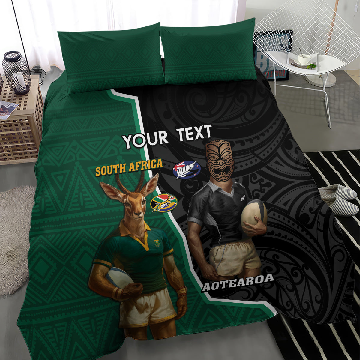 Personalised New Zealand And South Africa Rugby Bedding Set 2024 All Black Springboks Mascots Together LT14 - Polynesian Pride