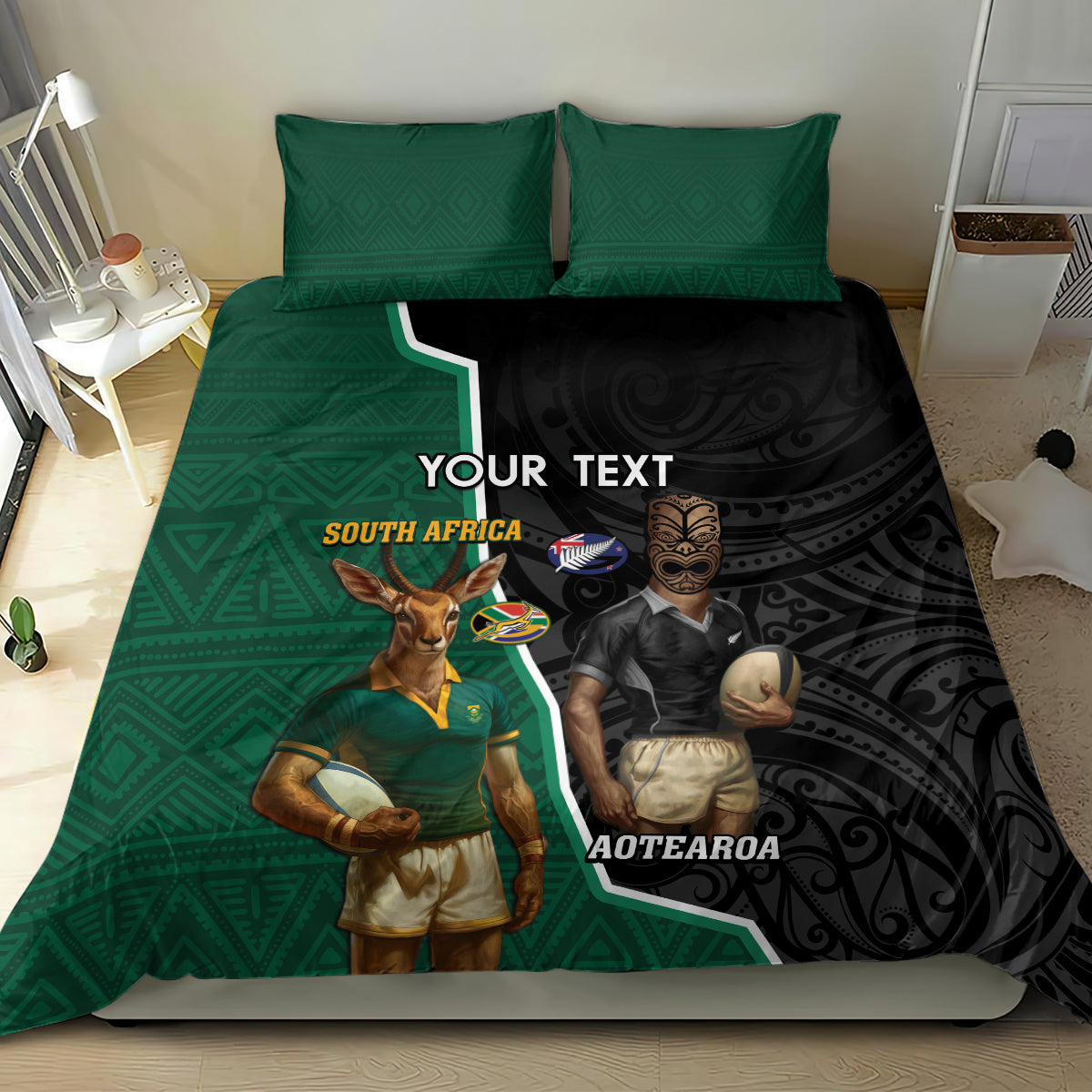 Personalised New Zealand And South Africa Rugby Bedding Set 2024 All Black Springboks Mascots Together LT14 - Polynesian Pride