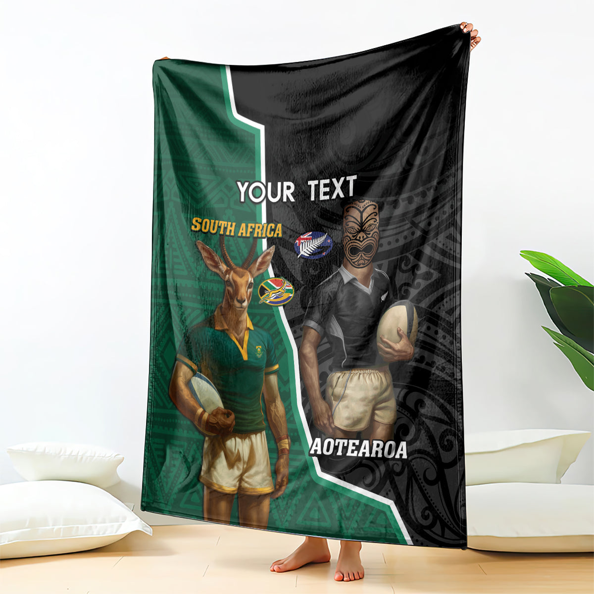 Personalised New Zealand And South Africa Rugby Blanket 2024 All Black Springboks Mascots Together LT14 - Polynesian Pride