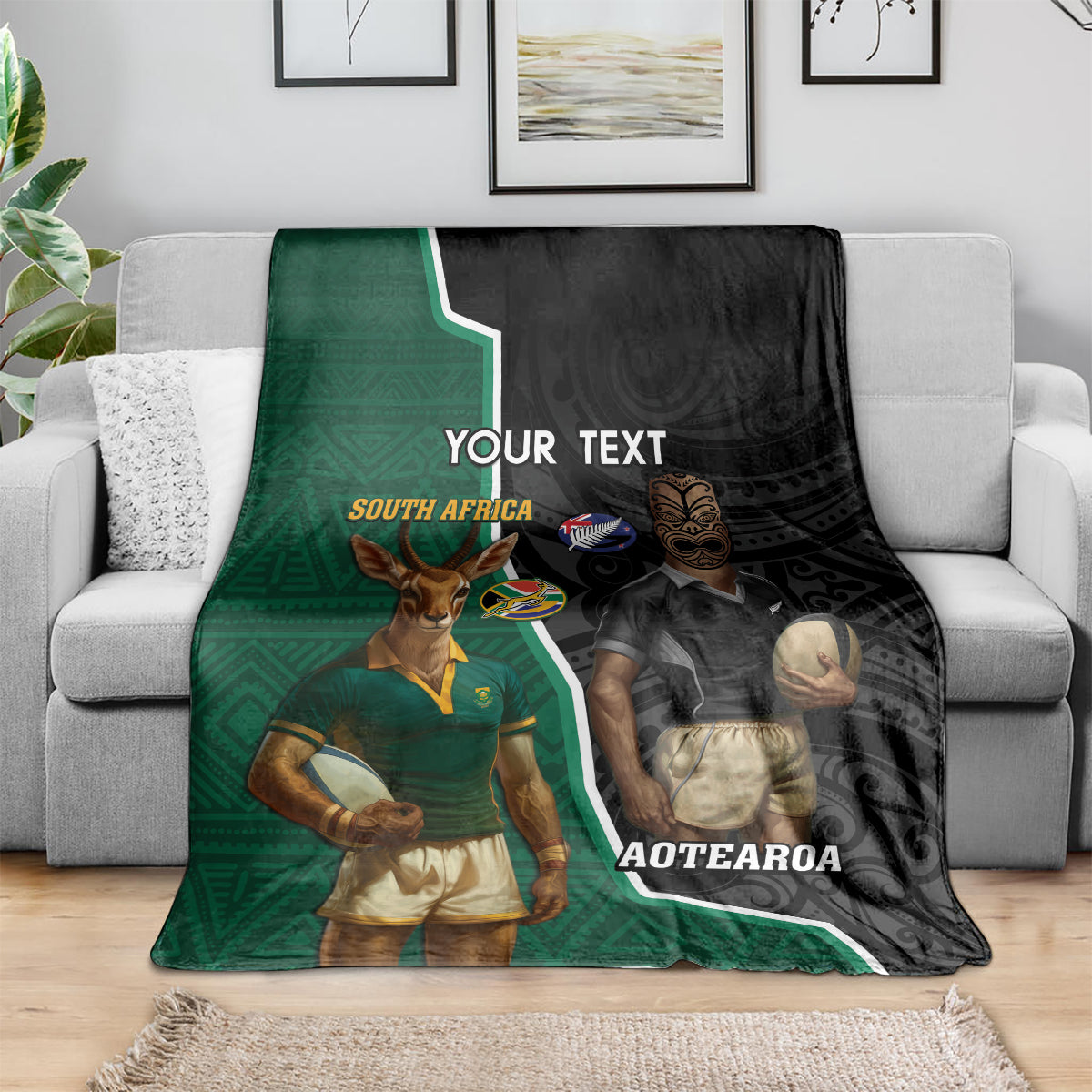 Personalised New Zealand And South Africa Rugby Blanket 2024 All Black Springboks Mascots Together LT14 - Polynesian Pride