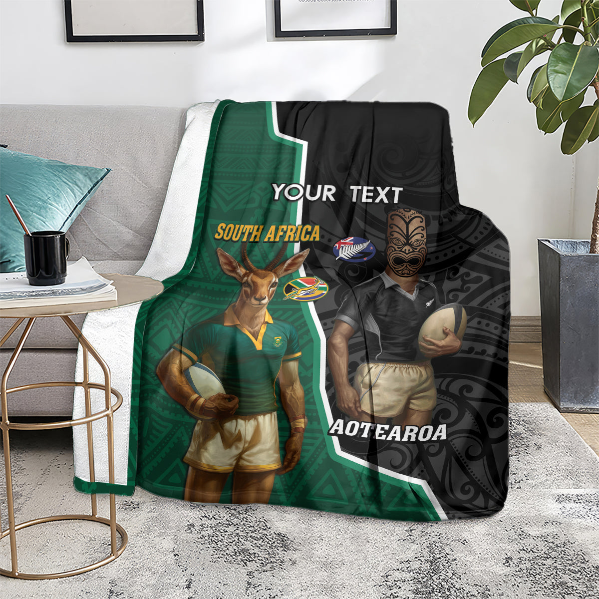 Personalised New Zealand And South Africa Rugby Blanket 2024 All Black Springboks Mascots Together LT14 - Polynesian Pride