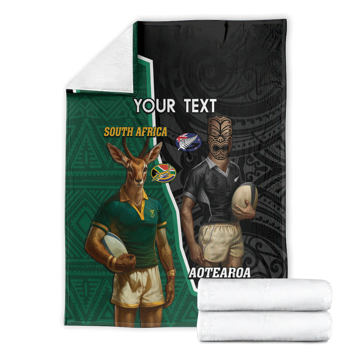 Personalised New Zealand And South Africa Rugby Blanket 2024 All Black Springboks Mascots Together LT14 - Polynesian Pride