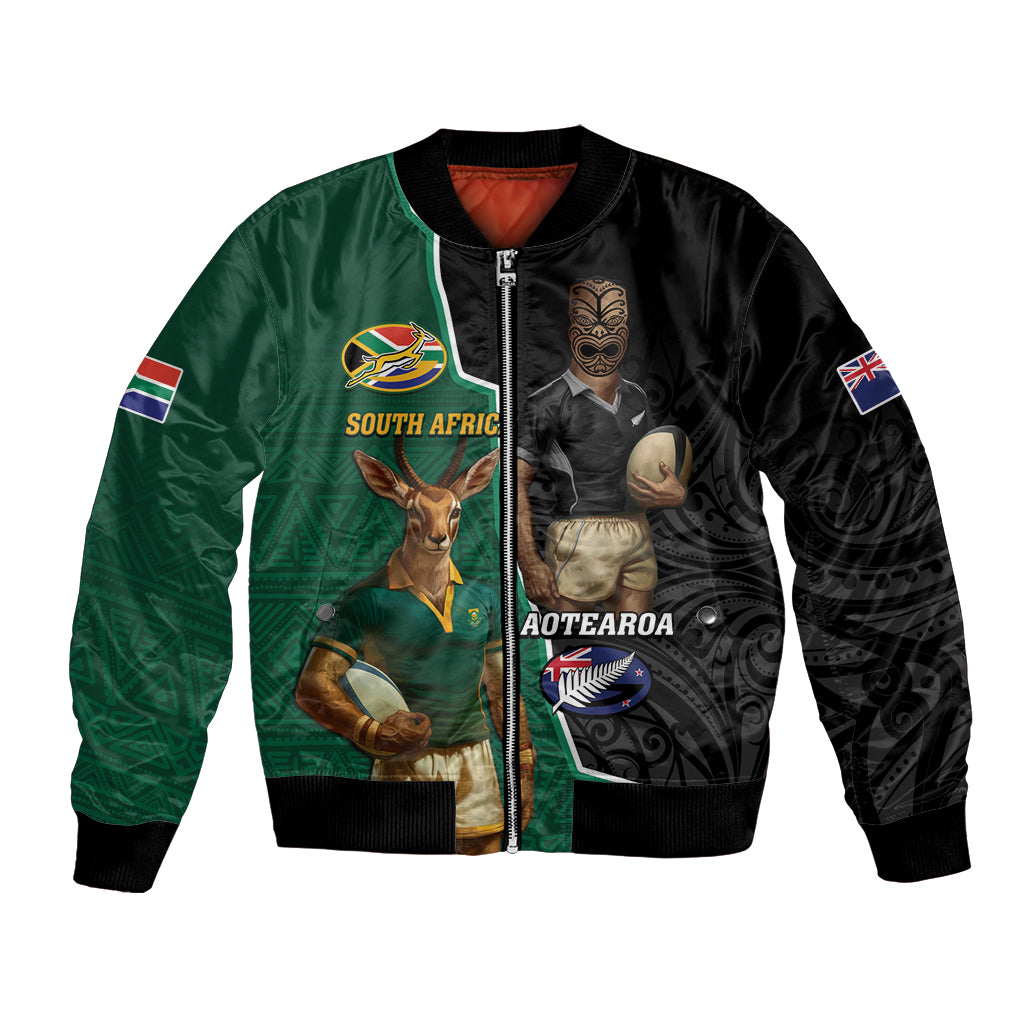 Personalised New Zealand And South Africa Rugby Bomber Jacket 2024 All Black Springboks Mascots Together LT14 Unisex Green - Polynesian Pride