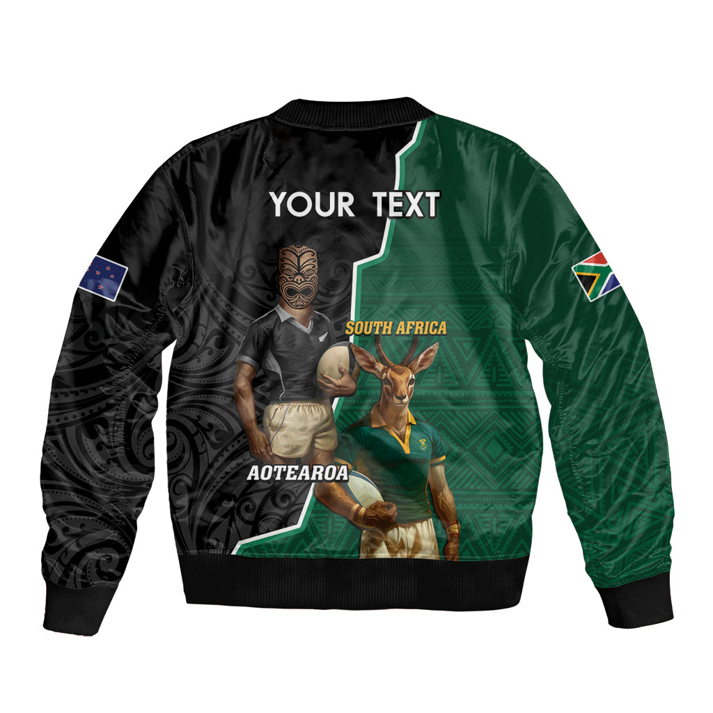 Personalised New Zealand And South Africa Rugby Bomber Jacket 2024 All Black Springboks Mascots Together LT14 - Polynesian Pride