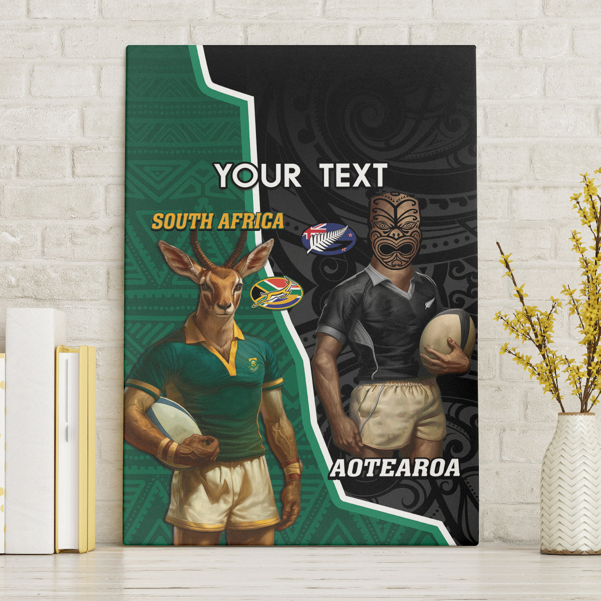 Personalised New Zealand And South Africa Rugby Canvas Wall Art 2024 All Black Springboks Mascots Together LT14 Without Frame Green - Polynesian Pride