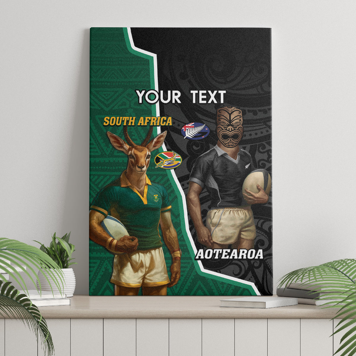 Personalised New Zealand And South Africa Rugby Canvas Wall Art 2024 All Black Springboks Mascots Together LT14 - Polynesian Pride