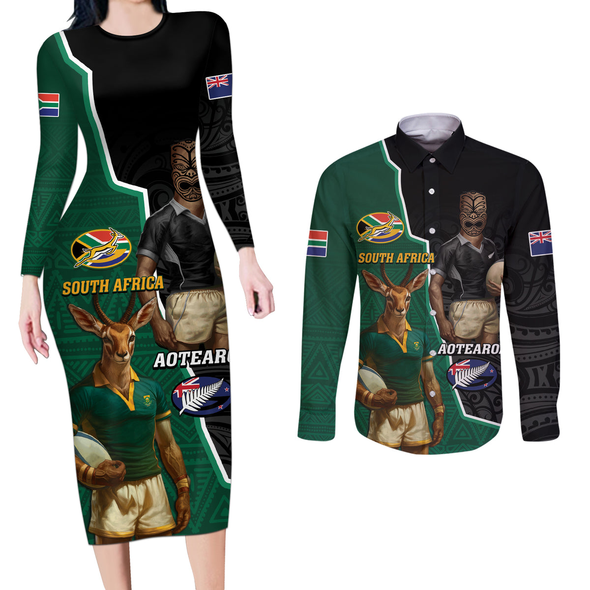 Personalised New Zealand And South Africa Rugby Couples Matching Long Sleeve Bodycon Dress and Long Sleeve Button Shirt 2024 All Black Springboks Mascots Together LT14 Green - Polynesian Pride