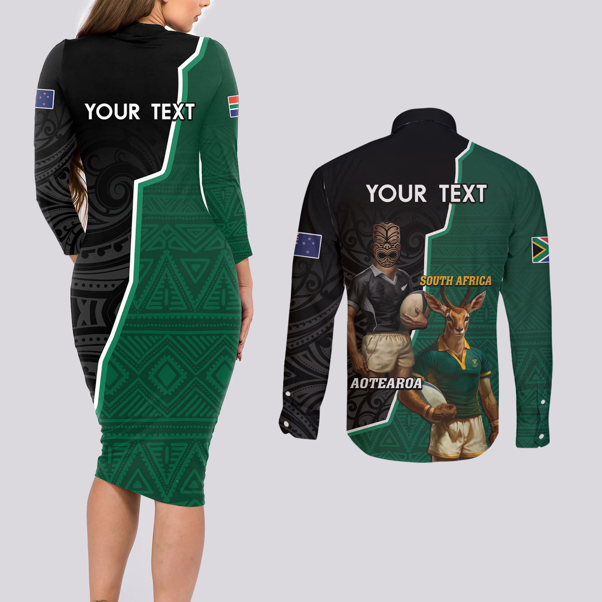 Personalised New Zealand And South Africa Rugby Couples Matching Long Sleeve Bodycon Dress and Long Sleeve Button Shirt 2024 All Black Springboks Mascots Together LT14 - Polynesian Pride