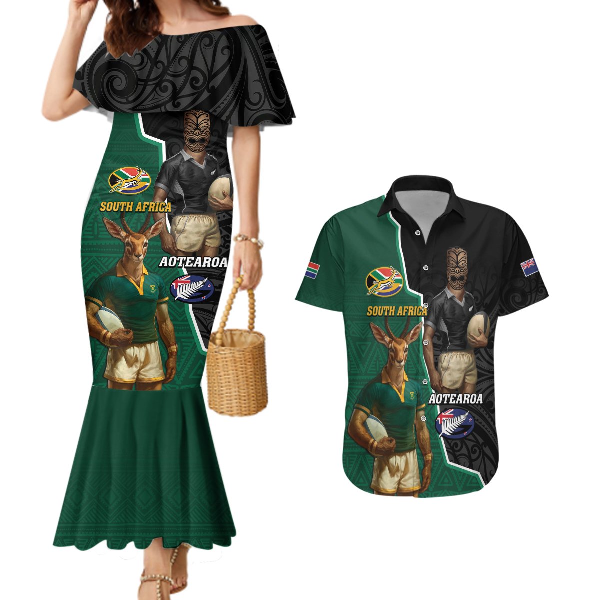 Personalised New Zealand And South Africa Rugby Couples Matching Mermaid Dress and Hawaiian Shirt 2024 All Black Springboks Mascots Together LT14 Green - Polynesian Pride