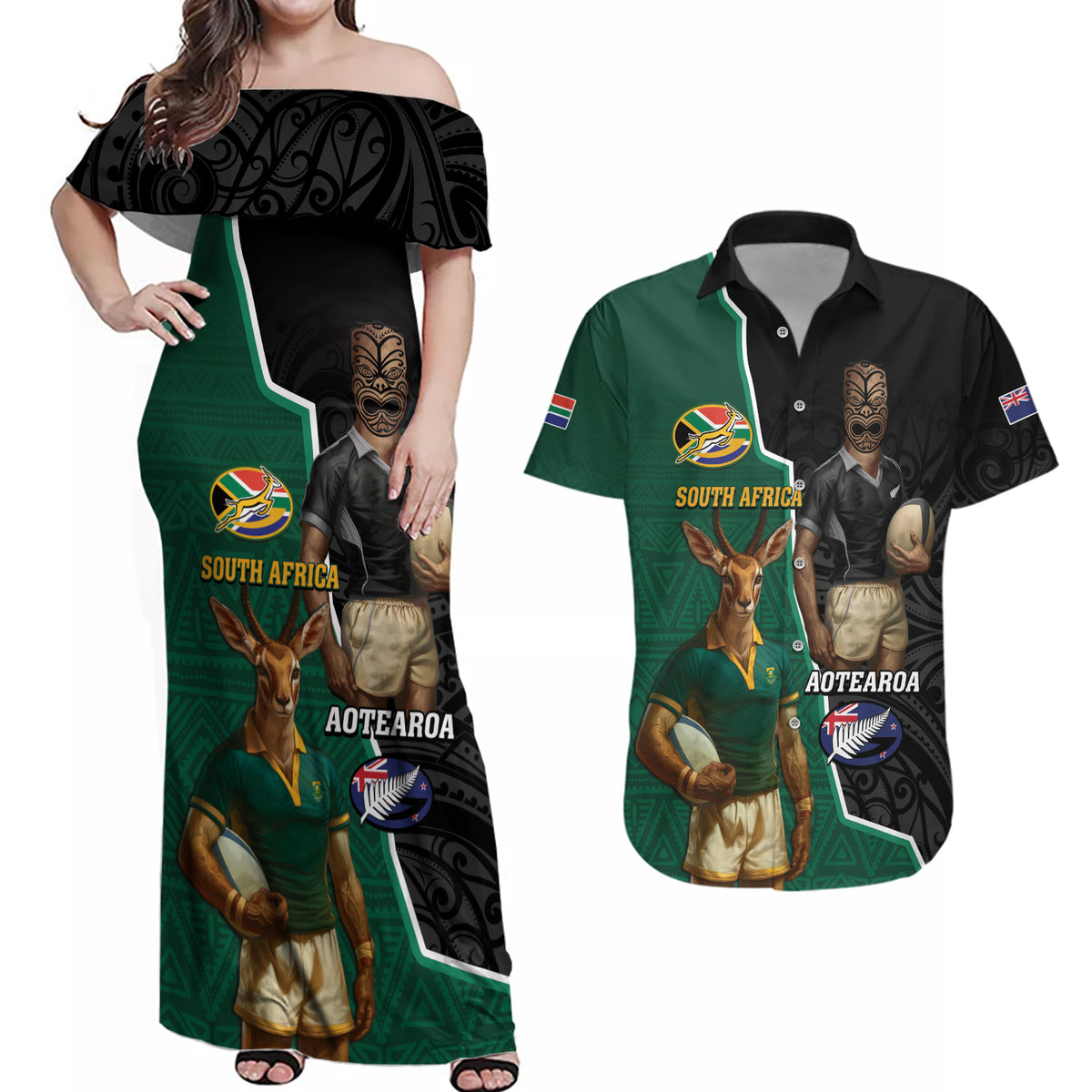 Personalised New Zealand And South Africa Rugby Couples Matching Off Shoulder Maxi Dress and Hawaiian Shirt 2024 All Black Springboks Mascots Together LT14 Green - Polynesian Pride