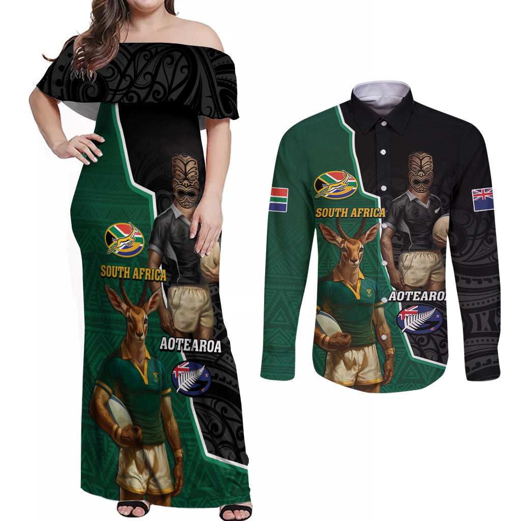Personalised New Zealand And South Africa Rugby Couples Matching Off Shoulder Maxi Dress and Long Sleeve Button Shirt 2024 All Black Springboks Mascots Together LT14 Green - Polynesian Pride