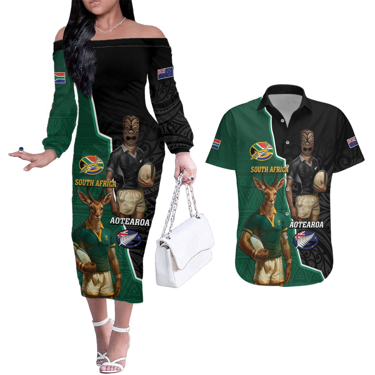 Personalised New Zealand And South Africa Rugby Couples Matching Off The Shoulder Long Sleeve Dress and Hawaiian Shirt 2024 All Black Springboks Mascots Together LT14 Green - Polynesian Pride