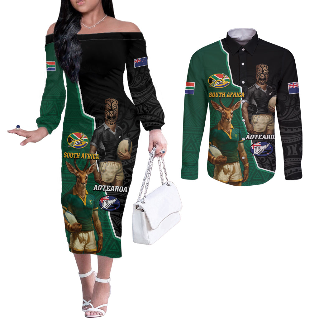 Personalised New Zealand And South Africa Rugby Couples Matching Off The Shoulder Long Sleeve Dress and Long Sleeve Button Shirt 2024 All Black Springboks Mascots Together LT14 Green - Polynesian Pride