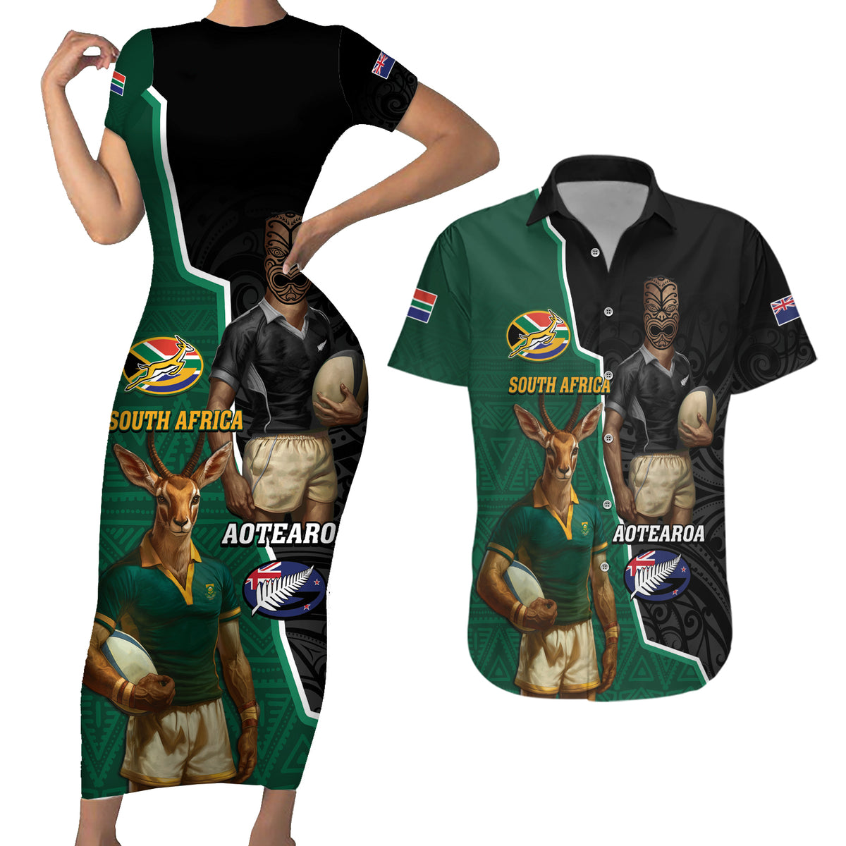 Personalised New Zealand And South Africa Rugby Couples Matching Short Sleeve Bodycon Dress and Hawaiian Shirt 2024 All Black Springboks Mascots Together LT14 Green - Polynesian Pride