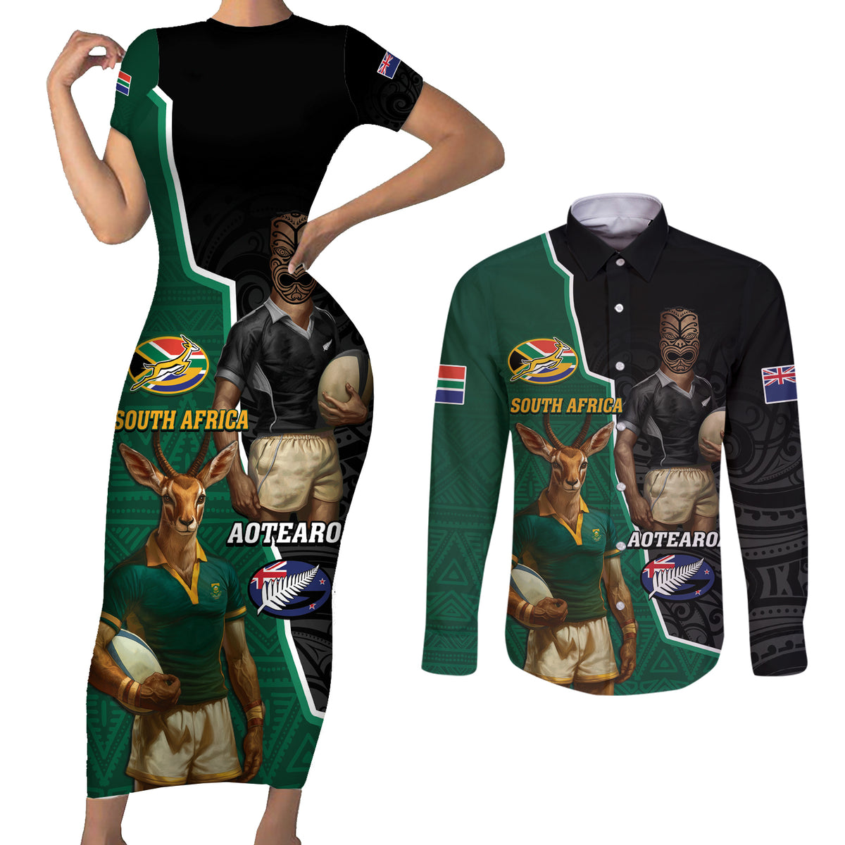 Personalised New Zealand And South Africa Rugby Couples Matching Short Sleeve Bodycon Dress and Long Sleeve Button Shirt 2024 All Black Springboks Mascots Together LT14 Green - Polynesian Pride