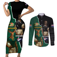 Personalised New Zealand And South Africa Rugby Couples Matching Short Sleeve Bodycon Dress and Long Sleeve Button Shirt 2024 All Black Springboks Mascots Together LT14 Green - Polynesian Pride