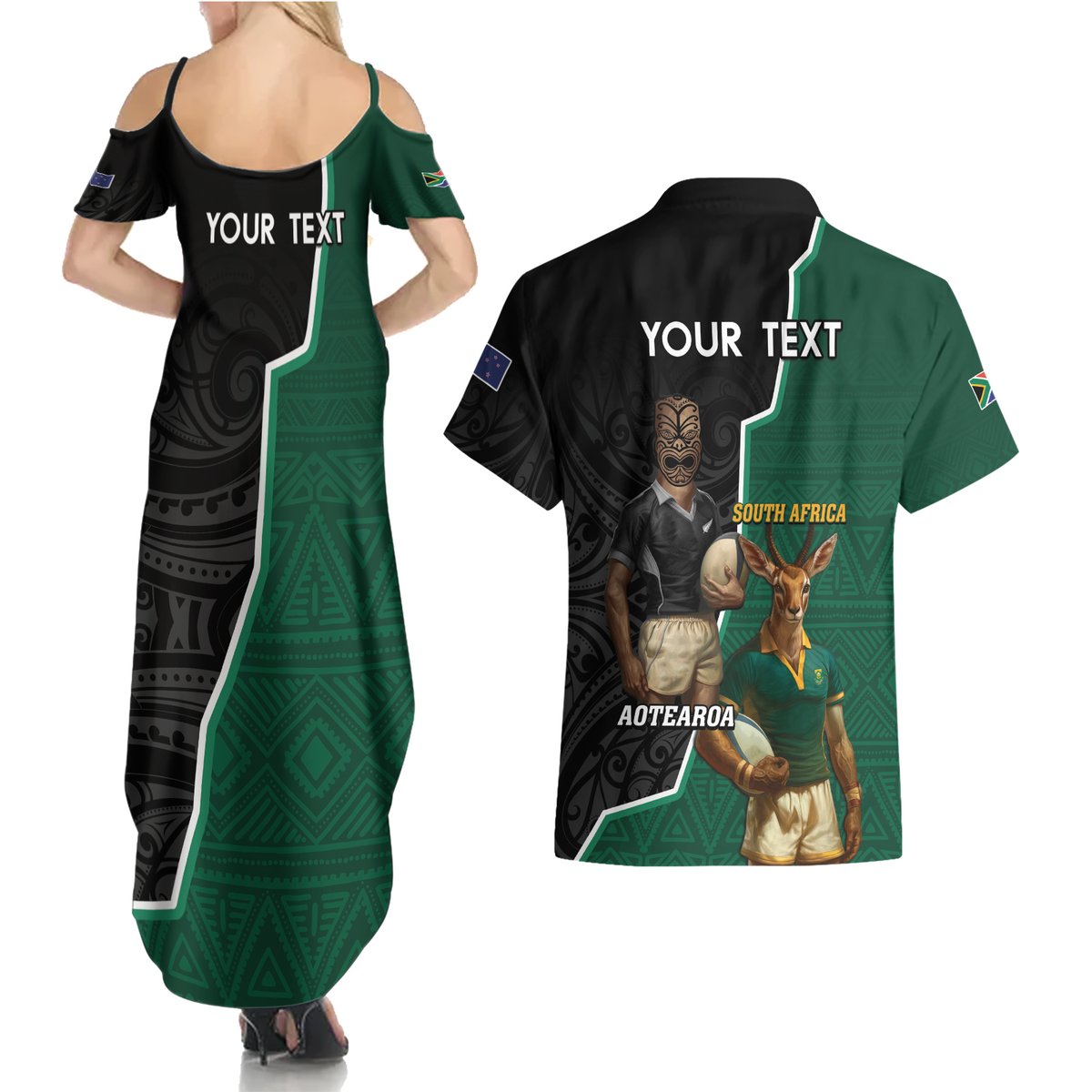 Personalised New Zealand And South Africa Rugby Couples Matching Summer Maxi Dress and Hawaiian Shirt 2024 All Black Springboks Mascots Together LT14 - Polynesian Pride