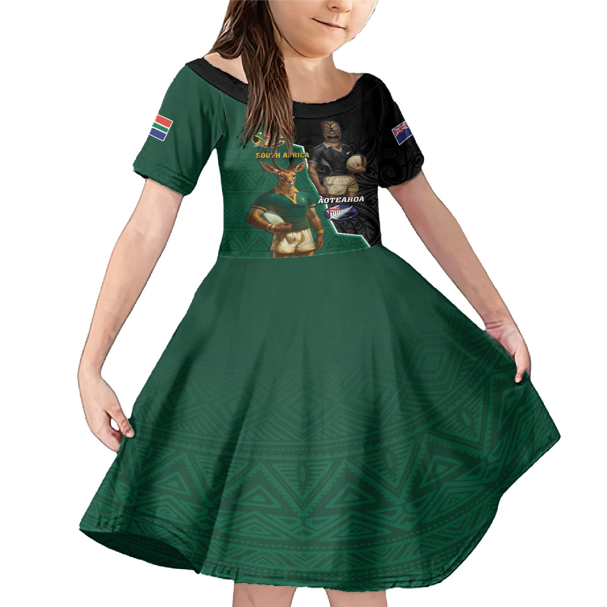Personalised New Zealand And South Africa Rugby Family Matching Mermaid Dress and Hawaiian Shirt 2024 All Black Springboks Mascots Together LT14 Daughter's Dress Green - Polynesian Pride