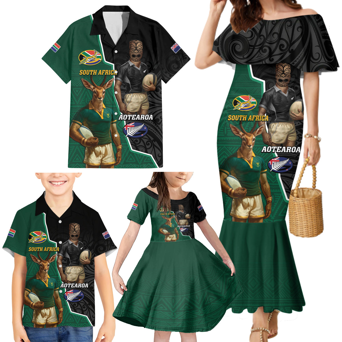 Personalised New Zealand And South Africa Rugby Family Matching Mermaid Dress and Hawaiian Shirt 2024 All Black Springboks Mascots Together LT14 - Polynesian Pride