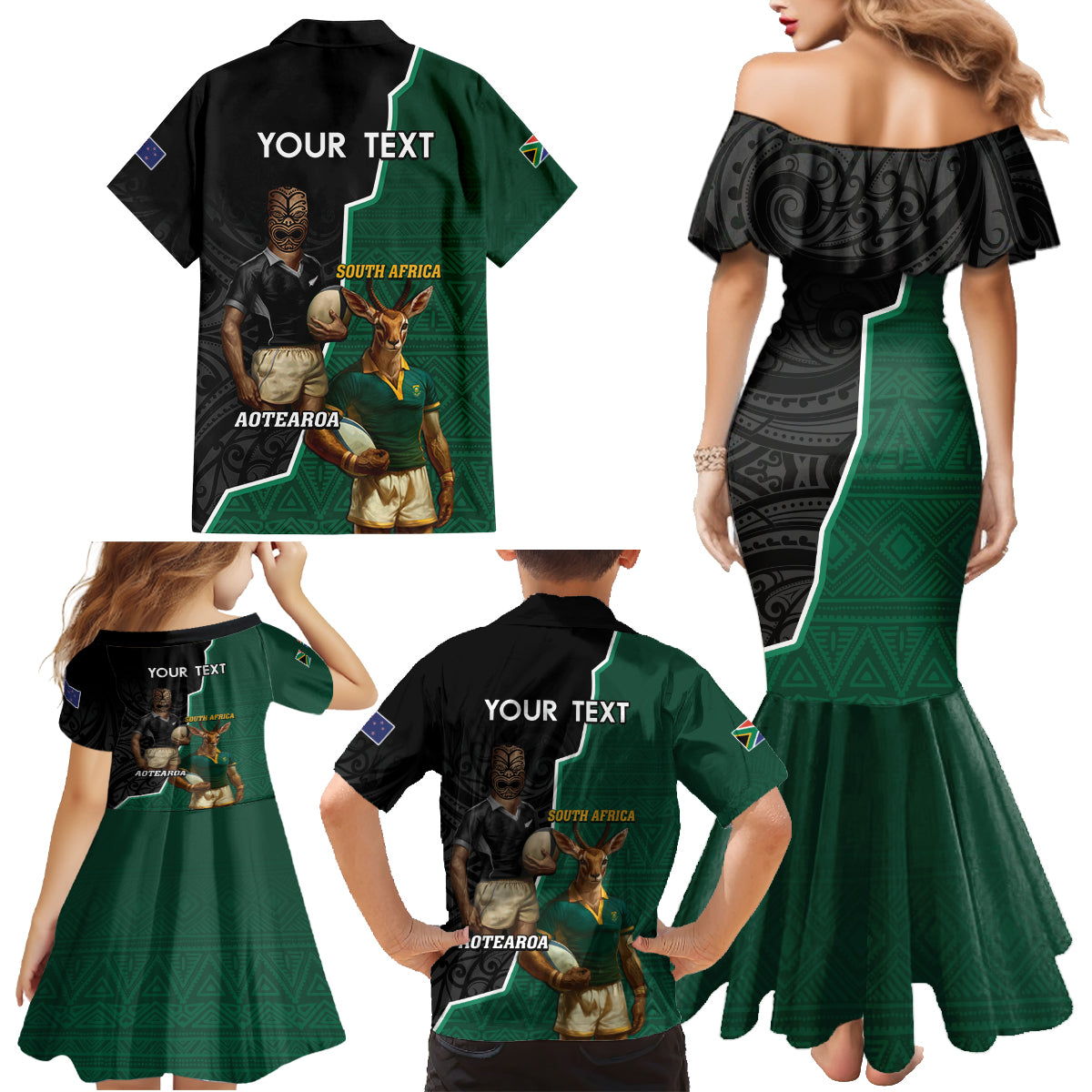 Personalised New Zealand And South Africa Rugby Family Matching Mermaid Dress and Hawaiian Shirt 2024 All Black Springboks Mascots Together LT14 - Polynesian Pride