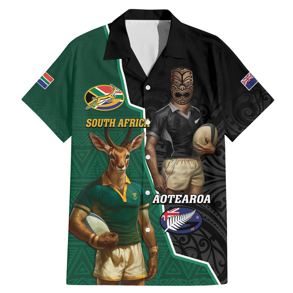 Personalised New Zealand And South Africa Rugby Family Matching Mermaid Dress and Hawaiian Shirt 2024 All Black Springboks Mascots Together LT14 Dad's Shirt - Short Sleeve Green - Polynesian Pride