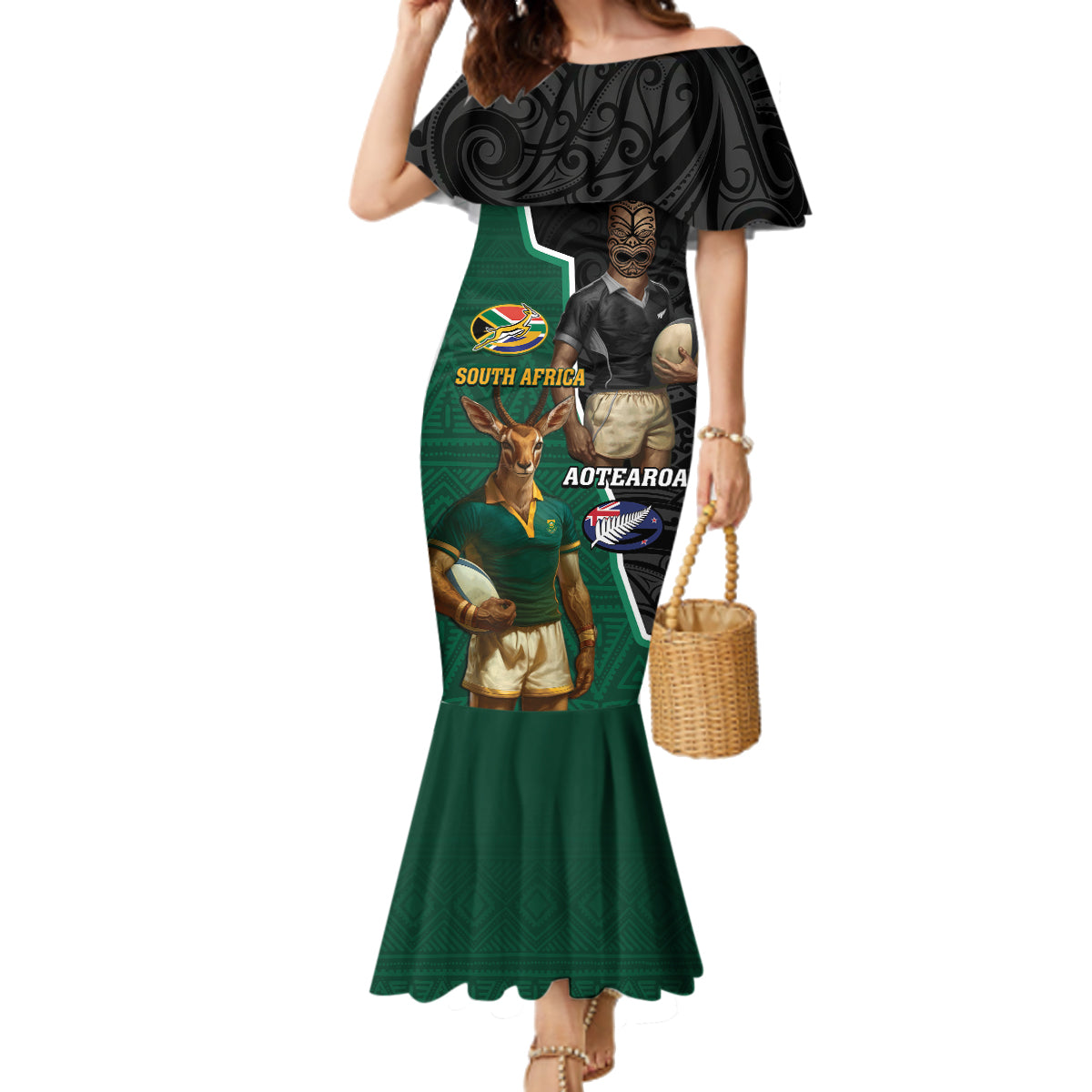 Personalised New Zealand And South Africa Rugby Family Matching Mermaid Dress and Hawaiian Shirt 2024 All Black Springboks Mascots Together LT14 Mom's Dress Green - Polynesian Pride