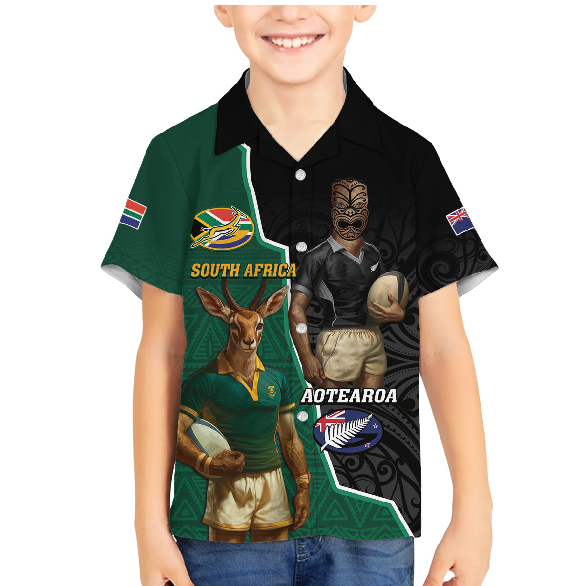Personalised New Zealand And South Africa Rugby Family Matching Mermaid Dress and Hawaiian Shirt 2024 All Black Springboks Mascots Together LT14 Son's Shirt Green - Polynesian Pride