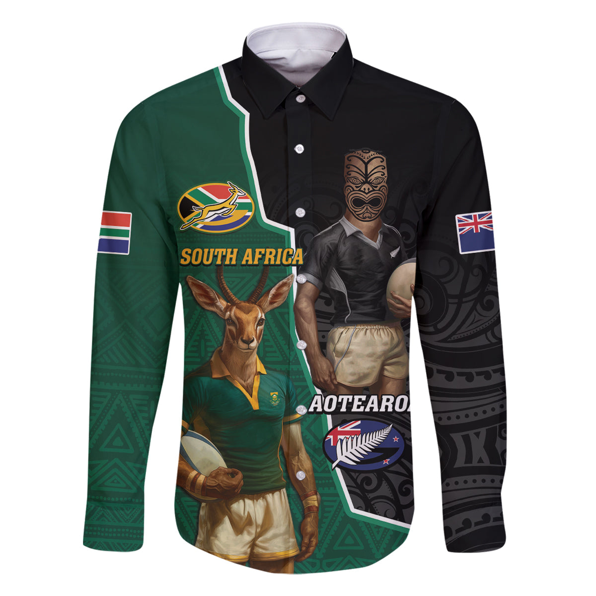 Personalised New Zealand And South Africa Rugby Family Matching Off The Shoulder Long Sleeve Dress and Hawaiian Shirt 2024 All Black Springboks Mascots Together LT14 Dad's Shirt - Long Sleeve Green - Polynesian Pride