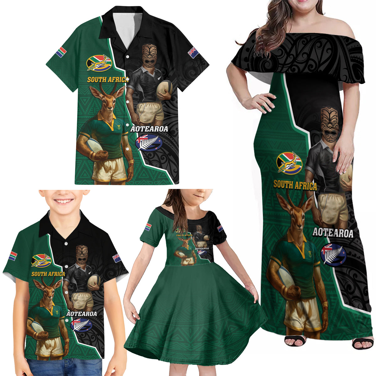Personalised New Zealand And South Africa Rugby Family Matching Off Shoulder Maxi Dress and Hawaiian Shirt 2024 All Black Springboks Mascots Together LT14 - Polynesian Pride