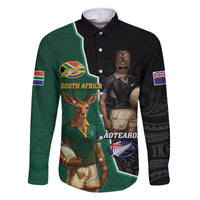 Personalised New Zealand And South Africa Rugby Family Matching Off Shoulder Maxi Dress and Hawaiian Shirt 2024 All Black Springboks Mascots Together LT14 Dad's Shirt - Long Sleeve Green - Polynesian Pride