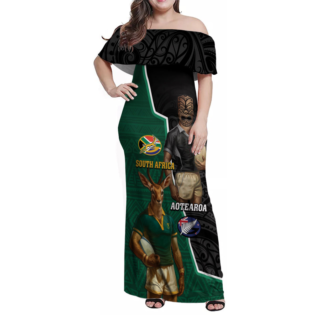 Personalised New Zealand And South Africa Rugby Family Matching Off Shoulder Maxi Dress and Hawaiian Shirt 2024 All Black Springboks Mascots Together LT14 Mom's Dress Green - Polynesian Pride