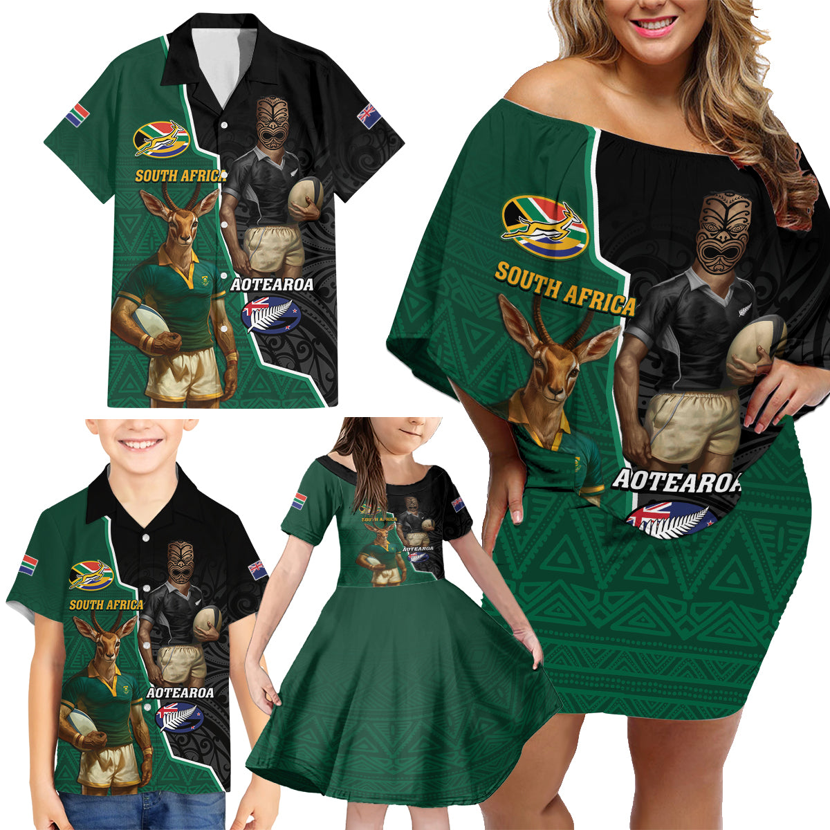 Personalised New Zealand And South Africa Rugby Family Matching Off Shoulder Short Dress and Hawaiian Shirt 2024 All Black Springboks Mascots Together LT14 - Polynesian Pride