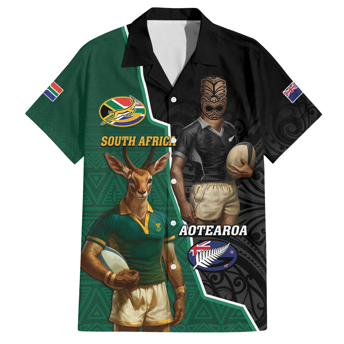 Personalised New Zealand And South Africa Rugby Family Matching Off Shoulder Short Dress and Hawaiian Shirt 2024 All Black Springboks Mascots Together LT14 Dad's Shirt - Short Sleeve Green - Polynesian Pride