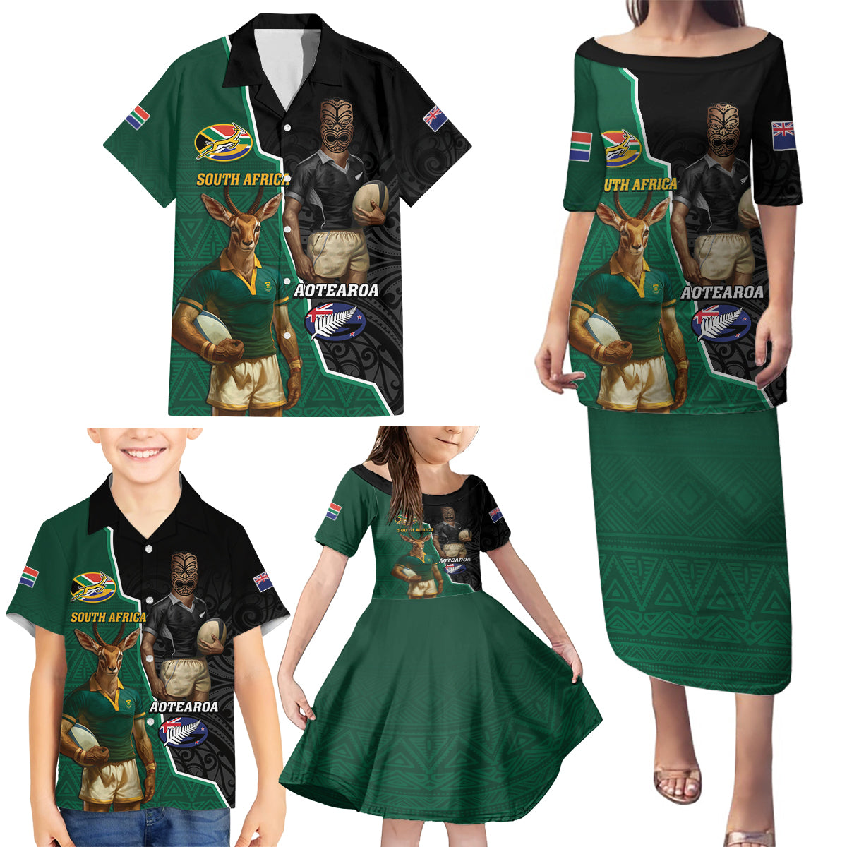 Personalised New Zealand And South Africa Rugby Family Matching Puletasi and Hawaiian Shirt 2024 All Black Springboks Mascots Together LT14 - Polynesian Pride
