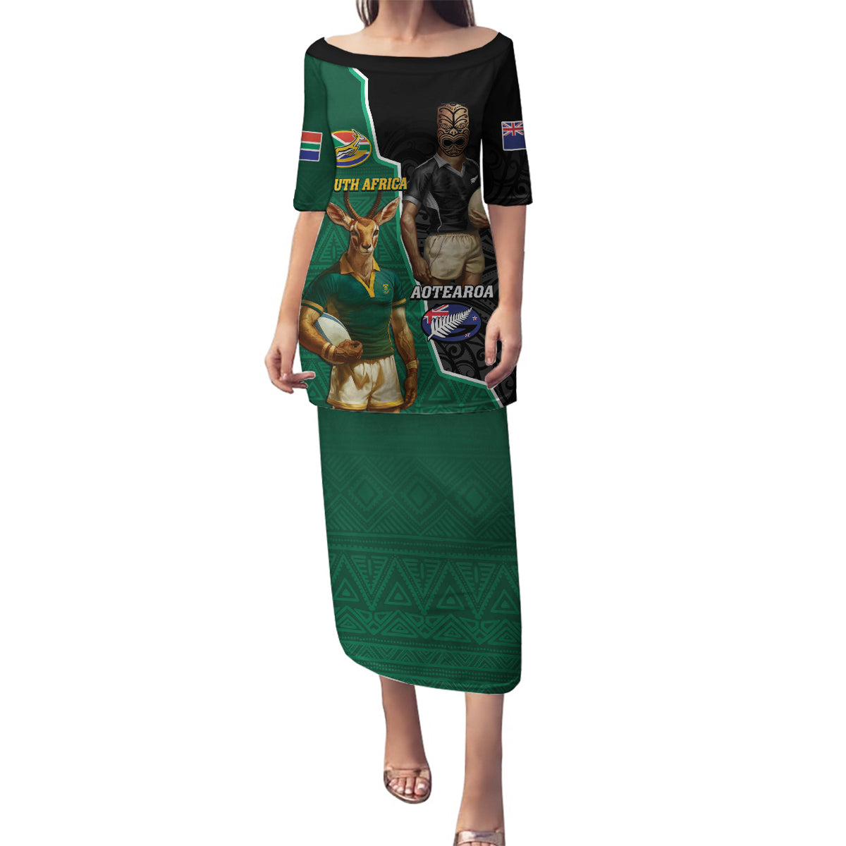 Personalised New Zealand And South Africa Rugby Family Matching Puletasi and Hawaiian Shirt 2024 All Black Springboks Mascots Together LT14 Mom's Dress Green - Polynesian Pride