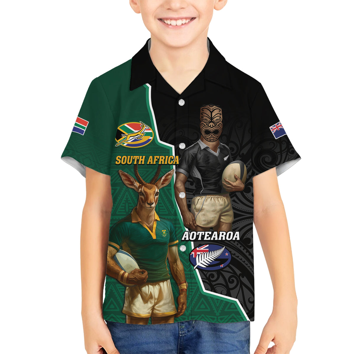 Personalised New Zealand And South Africa Rugby Family Matching Puletasi and Hawaiian Shirt 2024 All Black Springboks Mascots Together LT14 Son's Shirt Green - Polynesian Pride