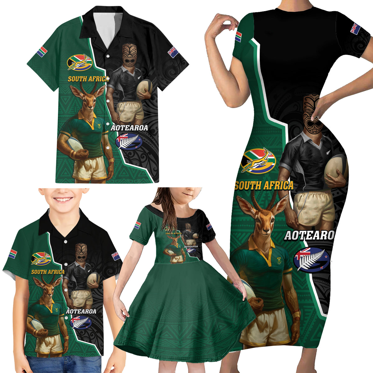 Personalised New Zealand And South Africa Rugby Family Matching Short Sleeve Bodycon Dress and Hawaiian Shirt 2024 All Black Springboks Mascots Together LT14 - Polynesian Pride