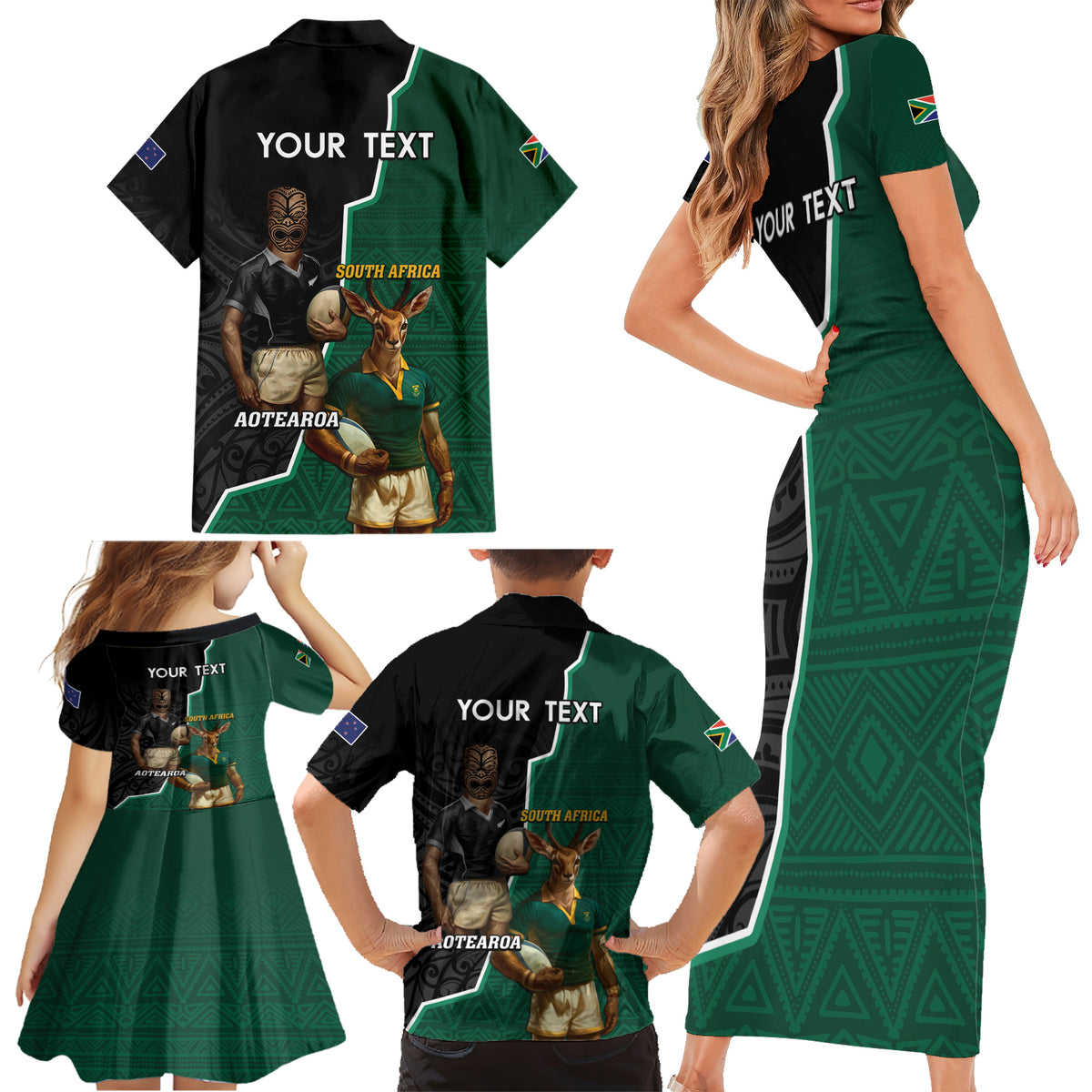 Personalised New Zealand And South Africa Rugby Family Matching Short Sleeve Bodycon Dress and Hawaiian Shirt 2024 All Black Springboks Mascots Together LT14 - Polynesian Pride