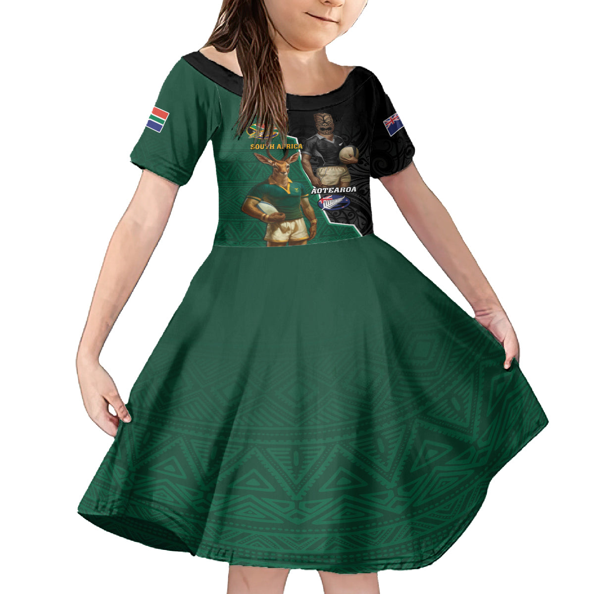 Personalised New Zealand And South Africa Rugby Family Matching Summer Maxi Dress and Hawaiian Shirt 2024 All Black Springboks Mascots Together LT14 Daughter's Dress Green - Polynesian Pride