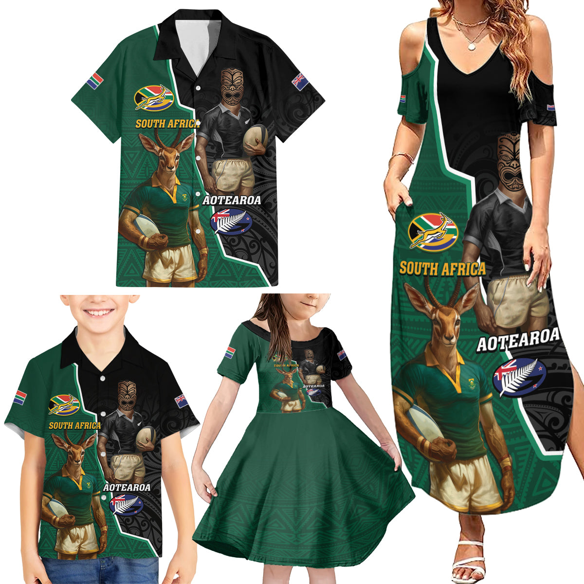 Personalised New Zealand And South Africa Rugby Family Matching Summer Maxi Dress and Hawaiian Shirt 2024 All Black Springboks Mascots Together LT14 - Polynesian Pride