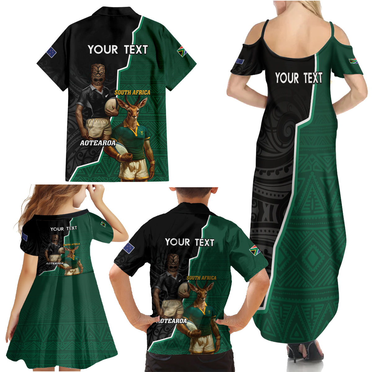 Personalised New Zealand And South Africa Rugby Family Matching Summer Maxi Dress and Hawaiian Shirt 2024 All Black Springboks Mascots Together LT14 - Polynesian Pride